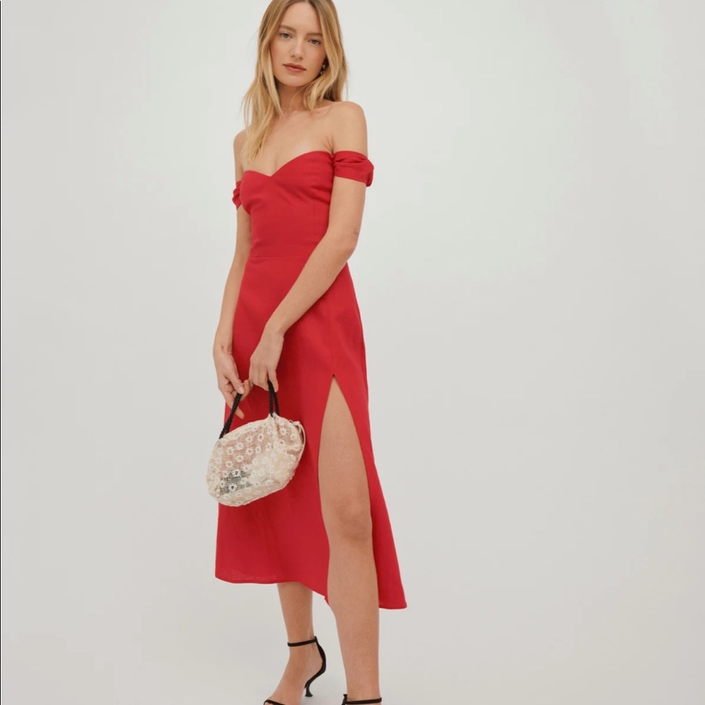 Reformation Red Off-Shoulder Midi Dress